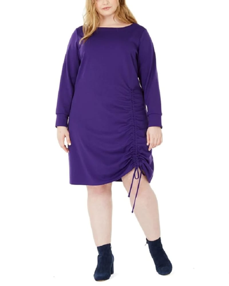 Front of a model wearing a size 2X NY Collection Women's Plus Ruched Hem Dress Purple Size 2X in Purple by NY Collection. | dia_product_style_image_id:313446